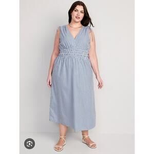 Old Navy Midi Dress Fit & Flare Plus Size 3X Tie Shoulder Smocked Blue Striped
